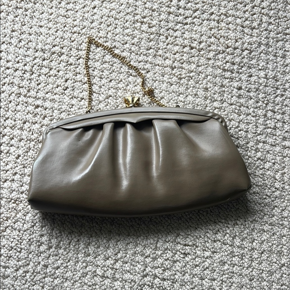 Elegant Taupe Clutch with Gold Chain